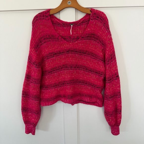 Free People Sweaters - Free People Women's Gelato Sweater Pink Oversized Boho Striped Fuzzy Pullover M